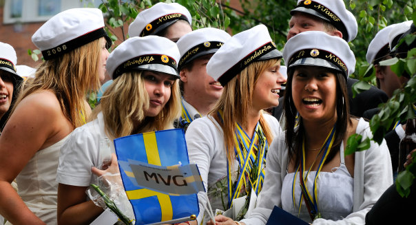 swedish students with traditional graduation hats celebrating their graduation day